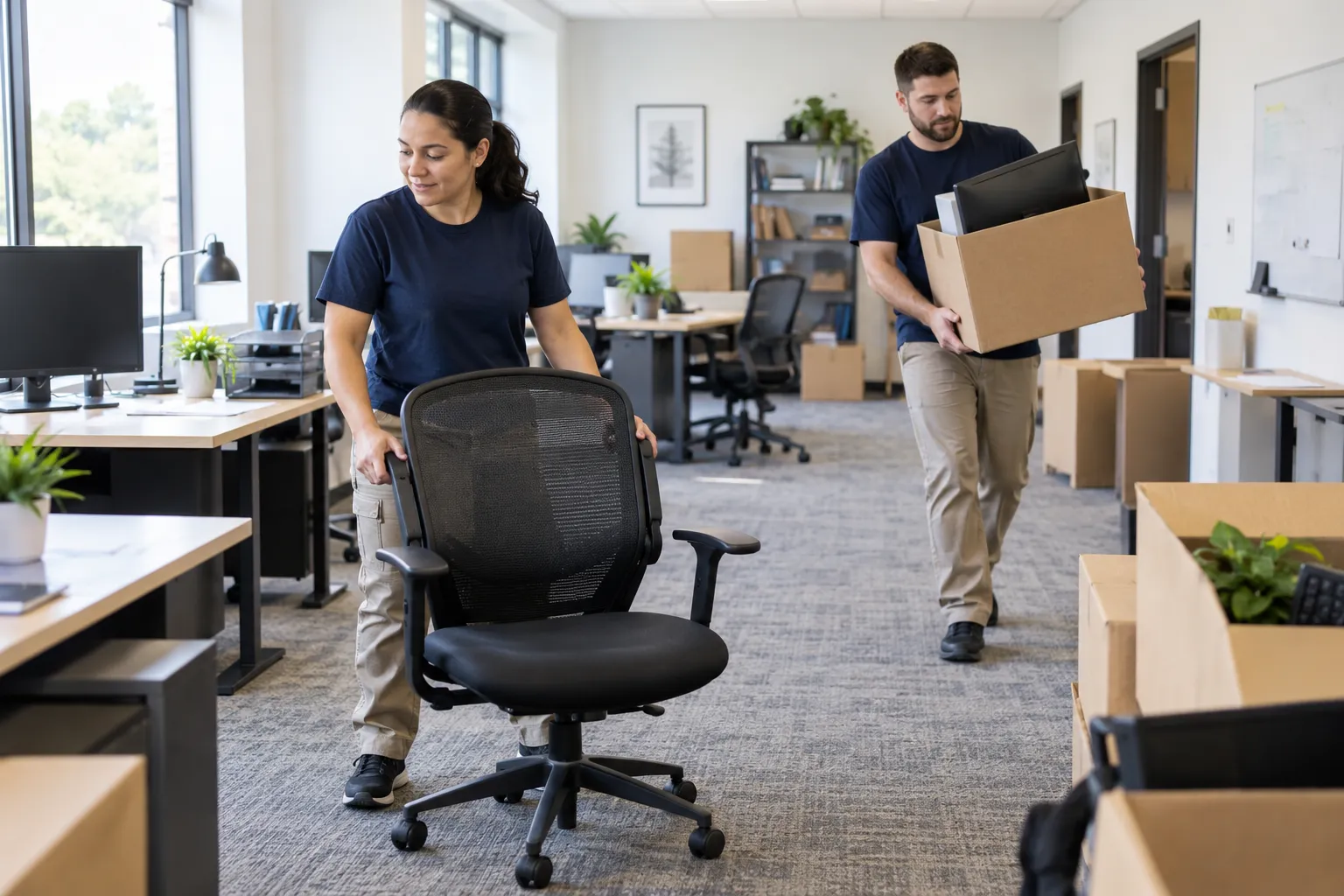 Crew removing office furniture during a commercial cleanout