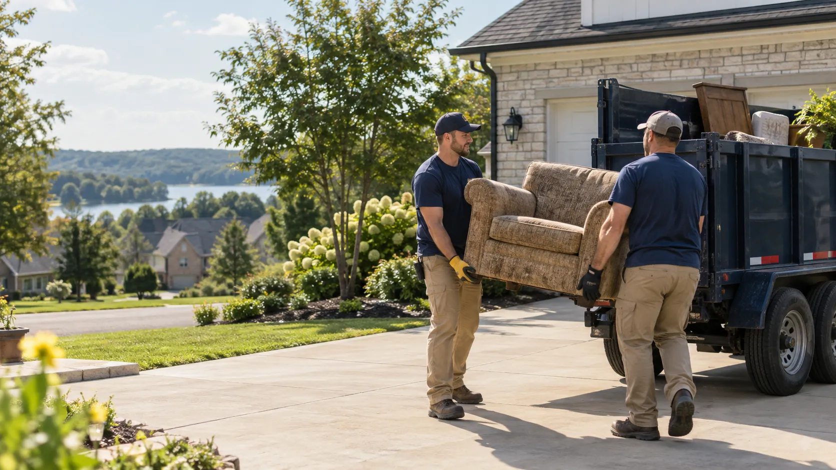 Two professional haulers carrying an armchair toward a dump trailer