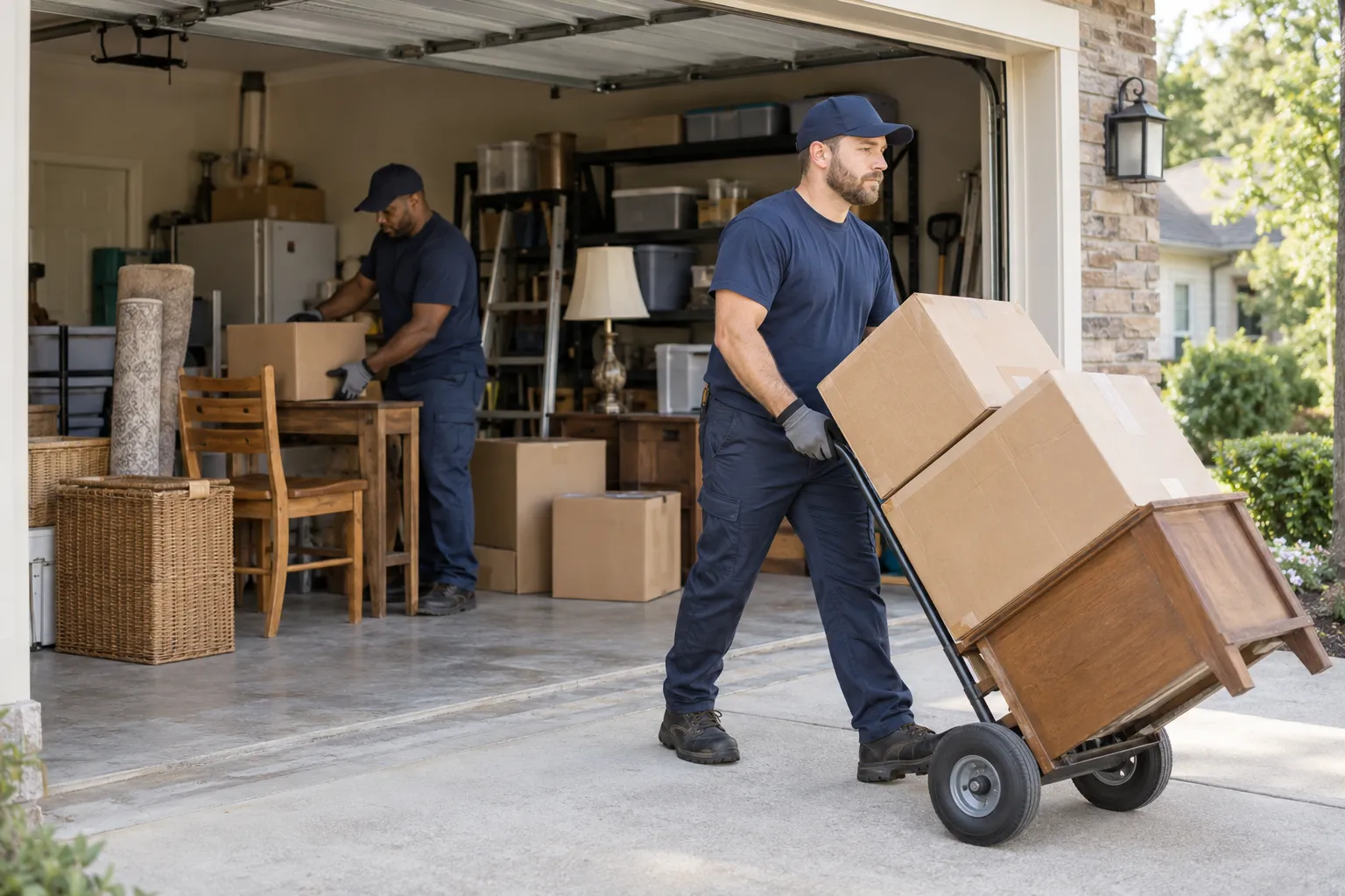 Crew organizing furniture during a residential cleanout